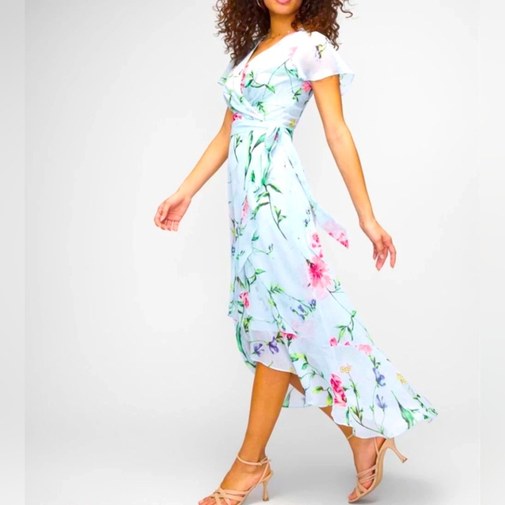 Floral Wrap Dress - White with Pink and Green Accents